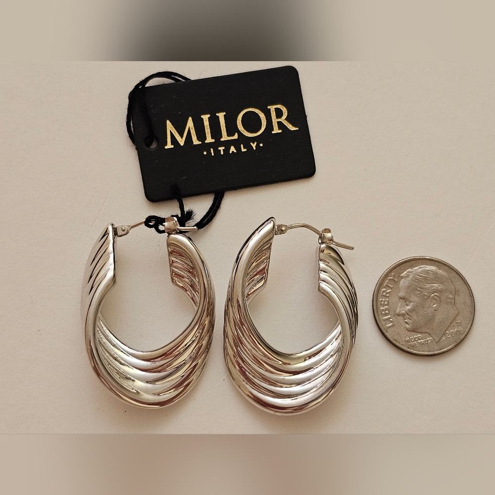 Milor 14K Oro Nuovo 1-1/4" White Polished Ribbed Resin Hoop Earrings Italy 7.7g